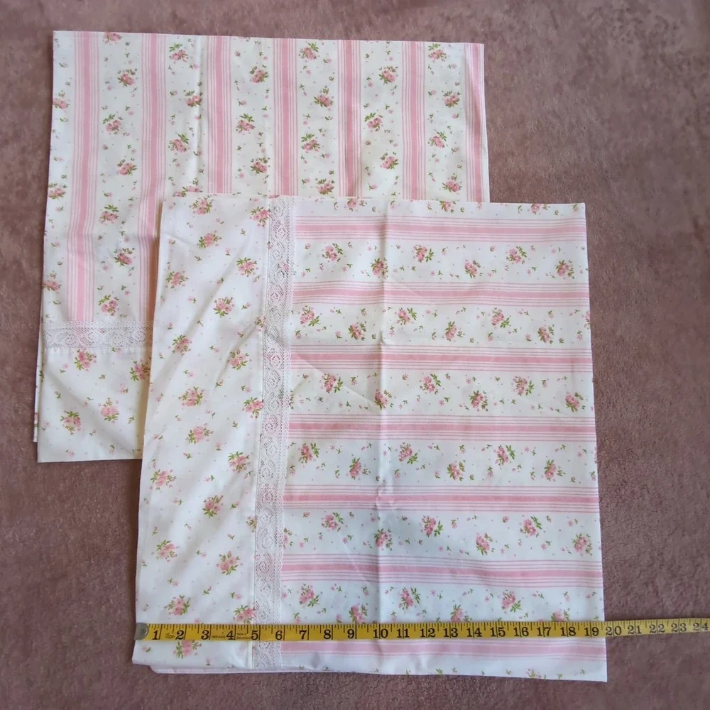 Springmaid Wondercale Pillowcase Set King Pink Floral Striped Lace Trim Vintage